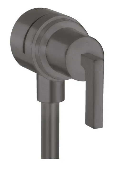 AXOR Wandanschluss mit Hebelgriff und Rückflussverhinderer in gebürstetem Schwarzchrom. Kompakte Bauweise mit funktionalem Design für den Einsatz in Sanitäranlagen.